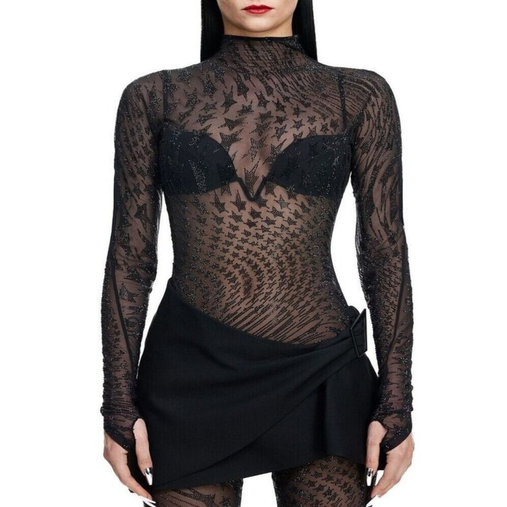 Mugler X H&M Rhinestone Embellished Mesh Black Top Black Star Pattern Turtleneck